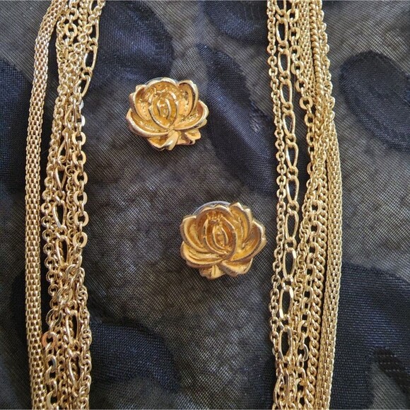 RARE Multi-strand Necklace with Rose Pillbox/Trinket Pendant & Earrings - Picture 9 of 11